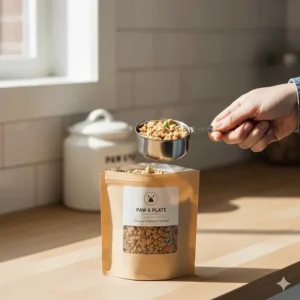 A hand scooping dehydrated cat food pieces from a bag into a measuring cup, emphasizing ease of serving.