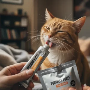 Illustration of an older, senior cat easily consuming a soft, pureed lickables for cats treat, which is great for cats with dental issues.