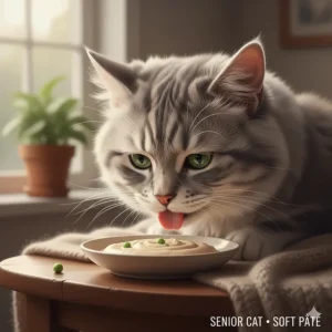 An older senior cat gently licking soft, easy-to-eat cat pate from a low-profile bowl.