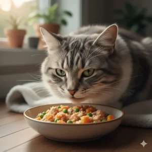 An older cat enjoying a specialized salmon cat food formulated for senior feline health.