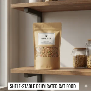 A sealed bag of shelf-stable dehydrated cat food stored neatly on a shelf, demonstrating its long shelf life and convenience.