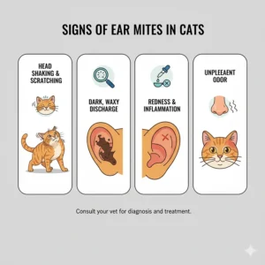A chart listing and depicting common signs of ear mite infestation in felines, such as scratching and dark debris.
