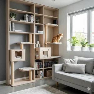 A sleek, modern bookshelf cat tree in a minimalist living room, blending seamlessly with the decor.