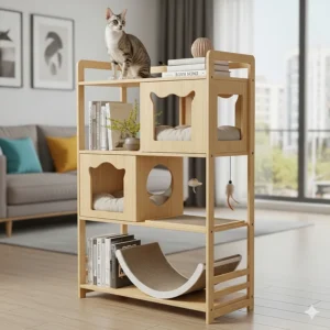 A compact bookshelf cat condo, perfect for small apartments, providing both storage and a play area for a cat.