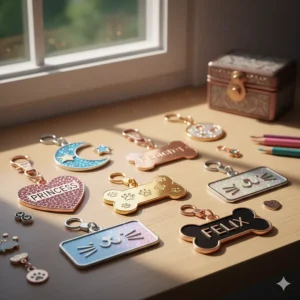 An array of stylish and unique cat name tags featuring decorative elements such as rhinestones, glitter, or cartoon designs.