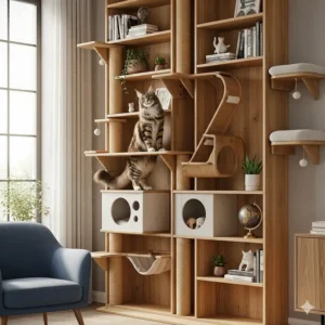 A tall, floor-to-ceiling bookshelf cat tree that serves as a climbing wall for an adventurous cat.