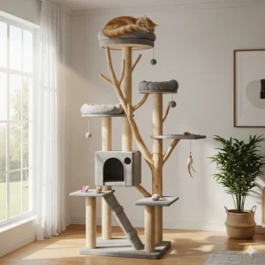 A very tall large cat tree with several elevated platforms and a cat sleeping on the highest perch.