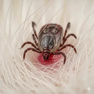 A detailed macro shot of a small tick embedded in a cat's light-colored fur, emphasizing the importance of prevention.