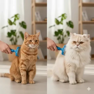 Two cats, one short-haired and one long-haired, with different FURminator for cats tools suitable for their specific coat types.