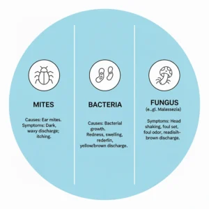 A diagram showing different types of cat ear infections, including those caused by mites or bacteria.