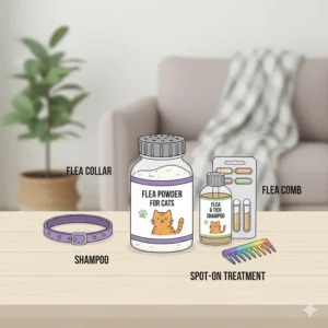 An arrangement of various flea treatment products for cats, including collars, shampoos, and powders, offering different options for pet owners.