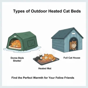 A side-by-side comparison of different types of outdoor heated cat beds, including a dome-style shelter, a simple pad, and a full cat house.