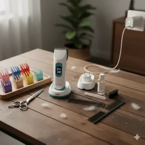 A depiction of a cat hair clipper being charged via a USB cable, illustrating the convenience and portability of a rechargeable device.