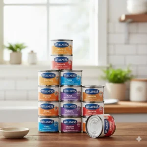 A variety pack of Wellness brand canned cat food stacked together, showing the different flavors available.