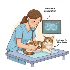 A veterinarian using a stethoscope to listen to the heartbeats of kittens during a cat pregnancy test.