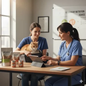 A veterinarian discussing nutrition with a cat owner, emphasizing the importance of vet consultation alongside reading Reveal cat food reviews.