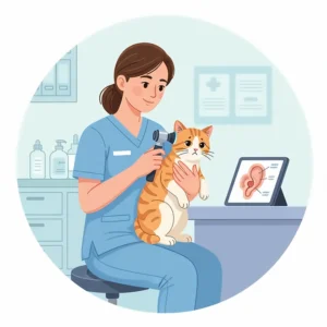 A veterinarian carefully examining a cat's ear to diagnose an infection.