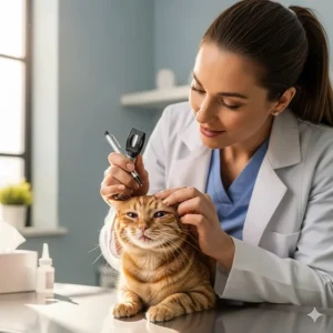 A caring veterinarian gently examines the watery eyes of a feline patient during a check-up to diagnose the cause of its sneezing.