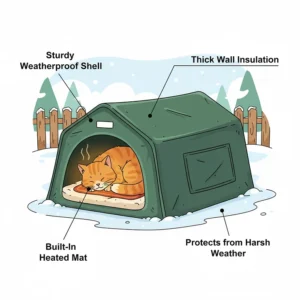 A sturdy, insulated outdoor cat shelter with a built-in heated pad, designed to protect feral and stray cats from harsh weather conditions.