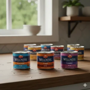 A selection of Wellness brand canned cat food cans, showcasing different flavors like chicken, tuna, and turkey.