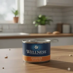 An image of the sleek and modern packaging of Wellness brand canned cat food, highlighting the easy-to-open tab.