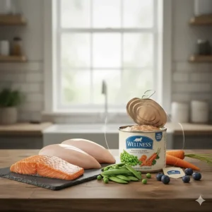 An illustration showing the high-quality, natural ingredients used in Wellness brand canned cat food, such as real chicken and salmon.