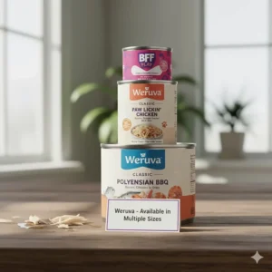 A stack of Weruva canned cat food showing the available sizes (3oz, 5.5oz, 10oz), allowing pet owners to choose the best option for their cat.