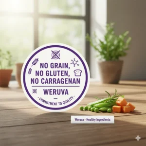 Graphic illustration of the "No Grain, No Gluten, No Carrageenan" seal, showing the commitment to high-quality, grain-free Weruva canned cat food ingredients.
