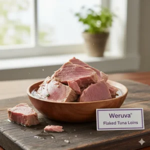 Flaked, wild-caught tuna loins in broth, demonstrating the visible, human-grade quality of Weruva canned cat food fish ingredients.