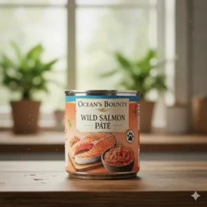 A can of gourmet wet salmon cat food, highlighting the moisture content and flavor.