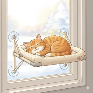 A drawing of a cat lounging on a heated cat bed that is mounted on a window, perfect for indoor cats who enjoy sunbathing.