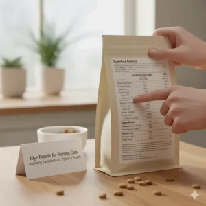 Analyzing the ingredients label of kitten food to ensure high protein for nursing cats.