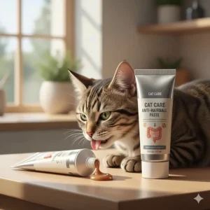 Nutritional cat grooming products like an anti-hairball paste or supplement tube.