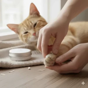 Owner gently massaging a small amount of cat paw balm onto a cat's paw pad for effective moisture and protection.
