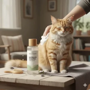 Illustration showing a hand gently massaging waterless cat shampoo foam onto a cat's fur.