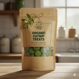 Digital illustration showing a resealable bag of natural cat treats with catnip on a kitchen counter.