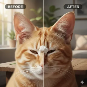 Split image showing a cat's dirty ear canal (before) and a clean ear after using specialized cat ear wipes.