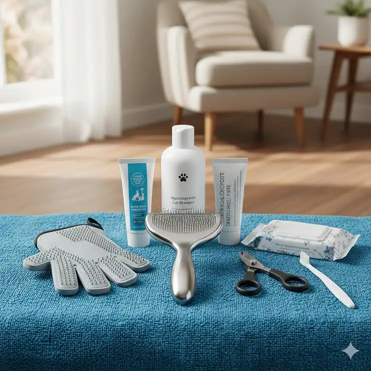 Cat grooming products kit including a brush, nail clippers, shampoo, and glove on a blue towel.