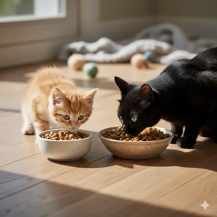 Featured image showing a small bowl of high-quality kitten food next to a larger bowl of nutritious cat food on a wooden floor.