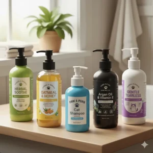 A collection of the best shampoo for cats products, highlighting key ingredients for sensitive skin.