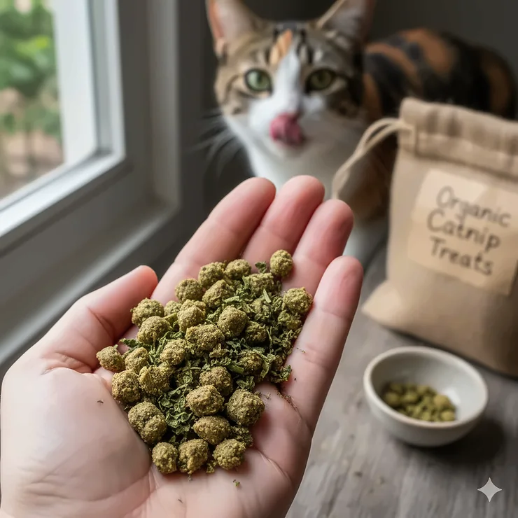 A close-up photograph of a handful of green and brown cat treats infused with catnip.