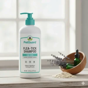Close-up of a highly-rated bottle of flea shampoo for cats with natural ingredients.