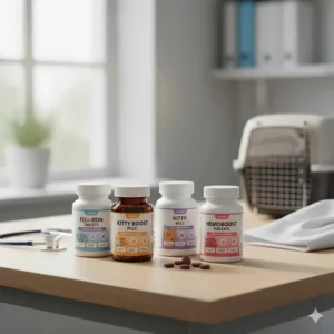 Various brands of highly-rated iron pills for cats on a veterinarian's examination table.