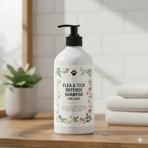 Bottle of the best flea and tick shampoo formulated specifically for cats.