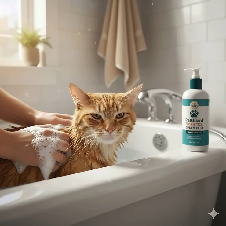 A peaceful ginger cat is being bathed with gentle flea shampoo for cats in a bathtub.