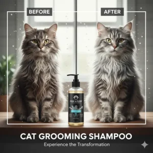 Side-by-side comparison of a cat's coat before and after using premium cat grooming shampoo.
