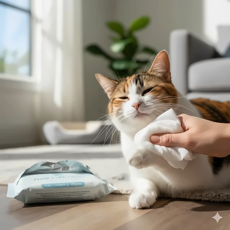 A cheerful calico cat being gently cleaned with cat cleaning wipes after playtime.