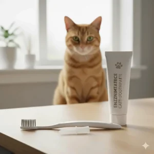 Cat dental care kit featuring a toothbrush and enzymatic toothpaste for oral health.