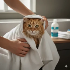 A fluffy cat wrapped in a towel being gently dried after a medicated bath with ringworm shampoo to ensure it stays warm.