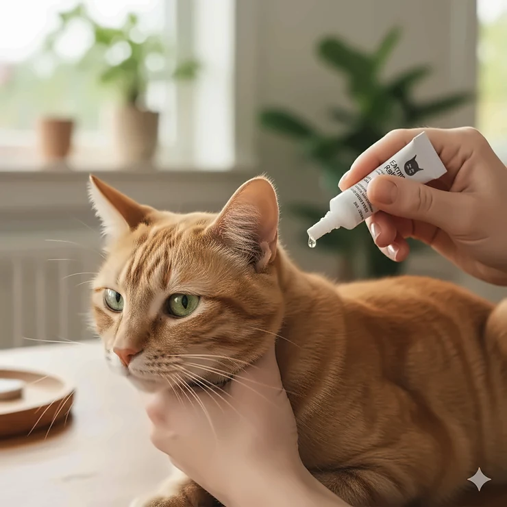 Close-up of a cat receiving spot-on ear mite medicine for cats, applied to the back of the neck for effective parasitic treatment.